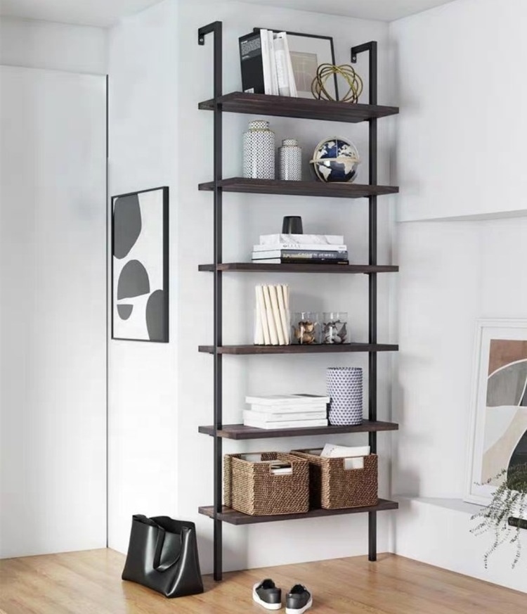 Living Room Furniture 6 Tier Ladder Book Shelves Metal Wooden Bookcase