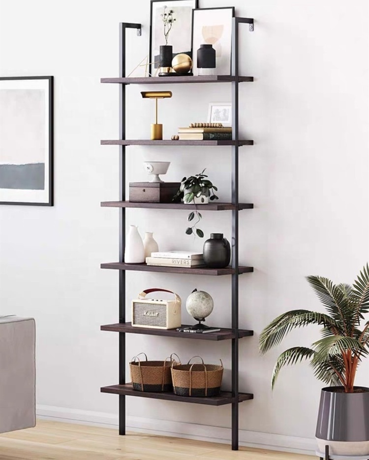 Living Room Furniture 6 Tier Ladder Book Shelves Metal Wooden Bookcase