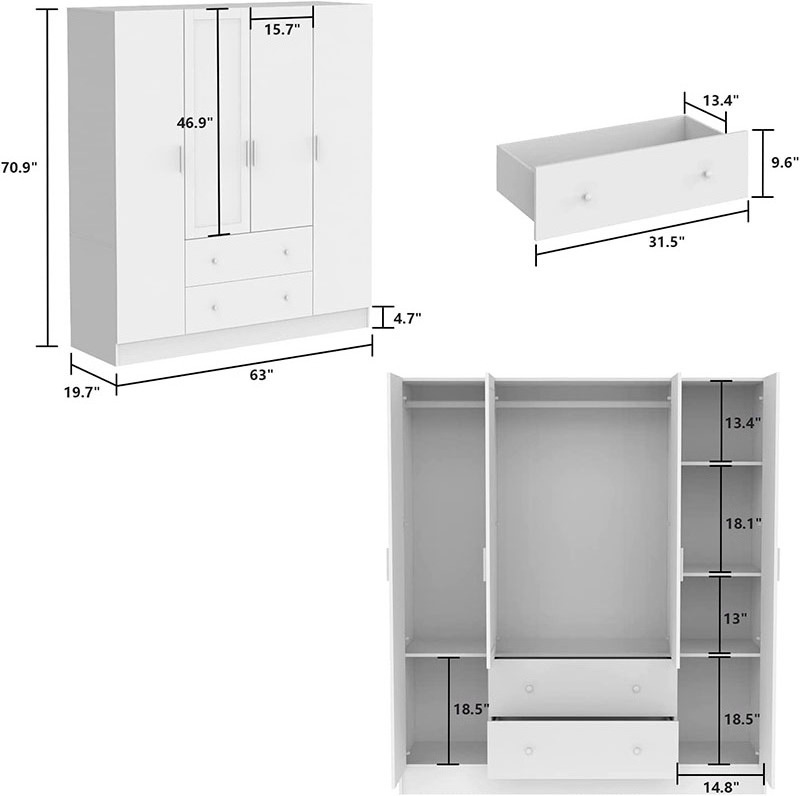 Customized 4 door bedroom armoire open storage high end wooden clothes wardrobe closet with mirror and drawers