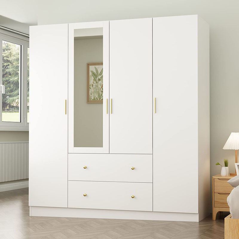 Customized 4 door bedroom armoire open storage high end wooden clothes wardrobe closet with mirror and drawers