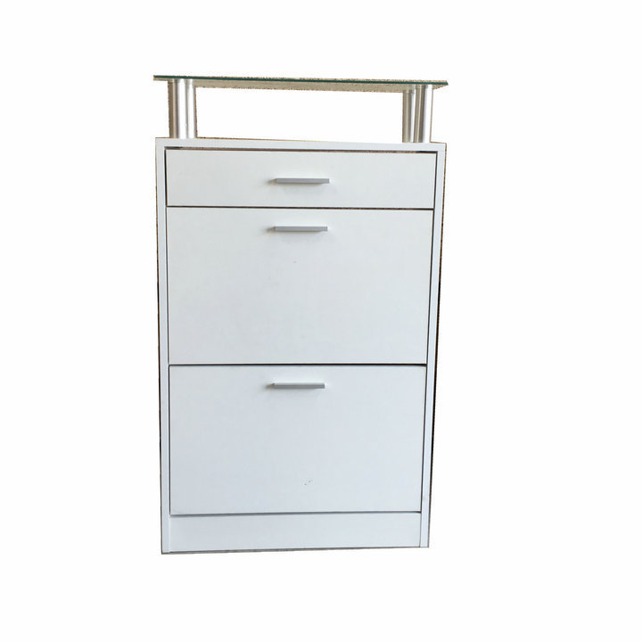 new design 2 doors white wooden shoe cabinet with glass shelf