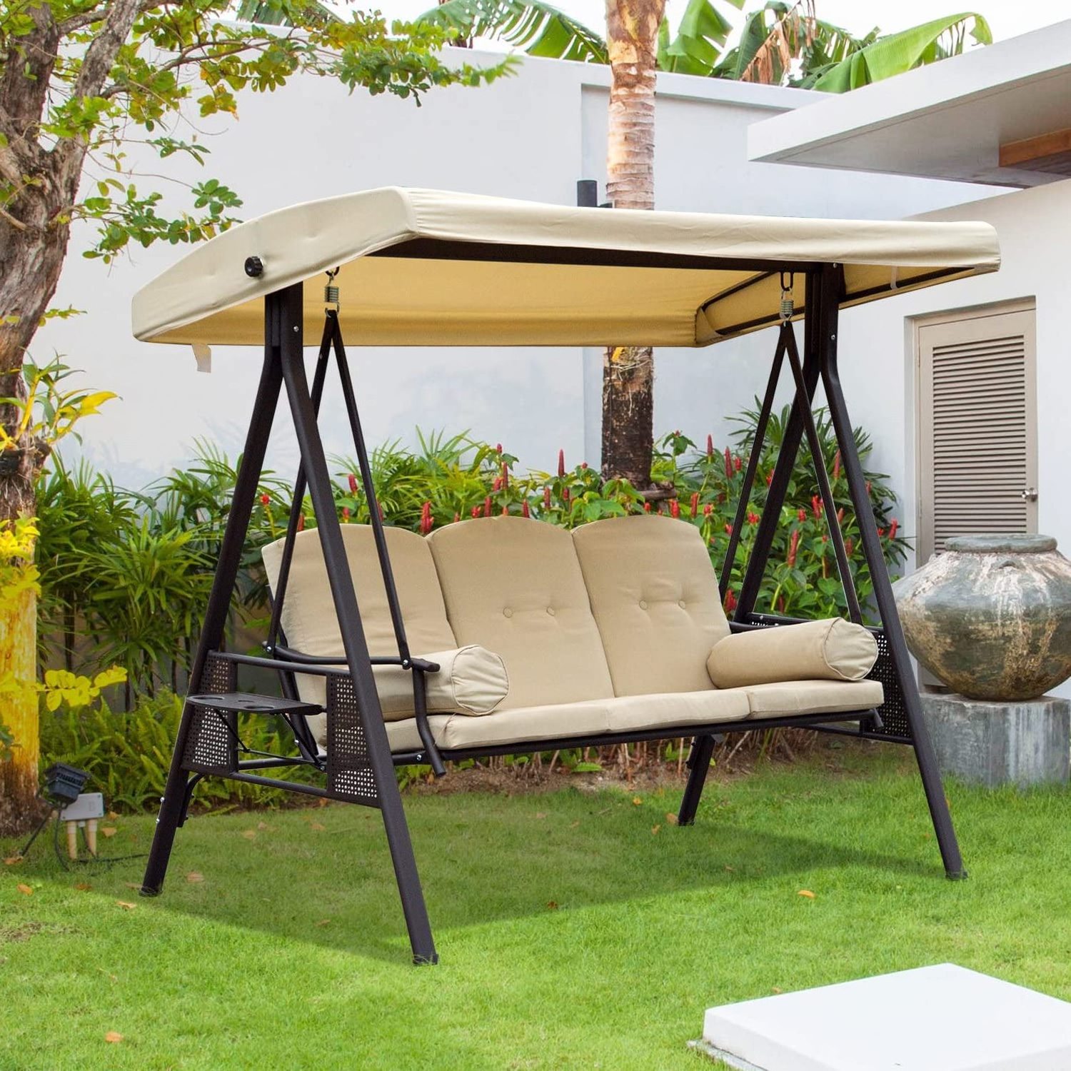 3 Seats Adjustable Outdoor Garden Hanging Chair Adult Swing Chair With Canopy And Steel Frame