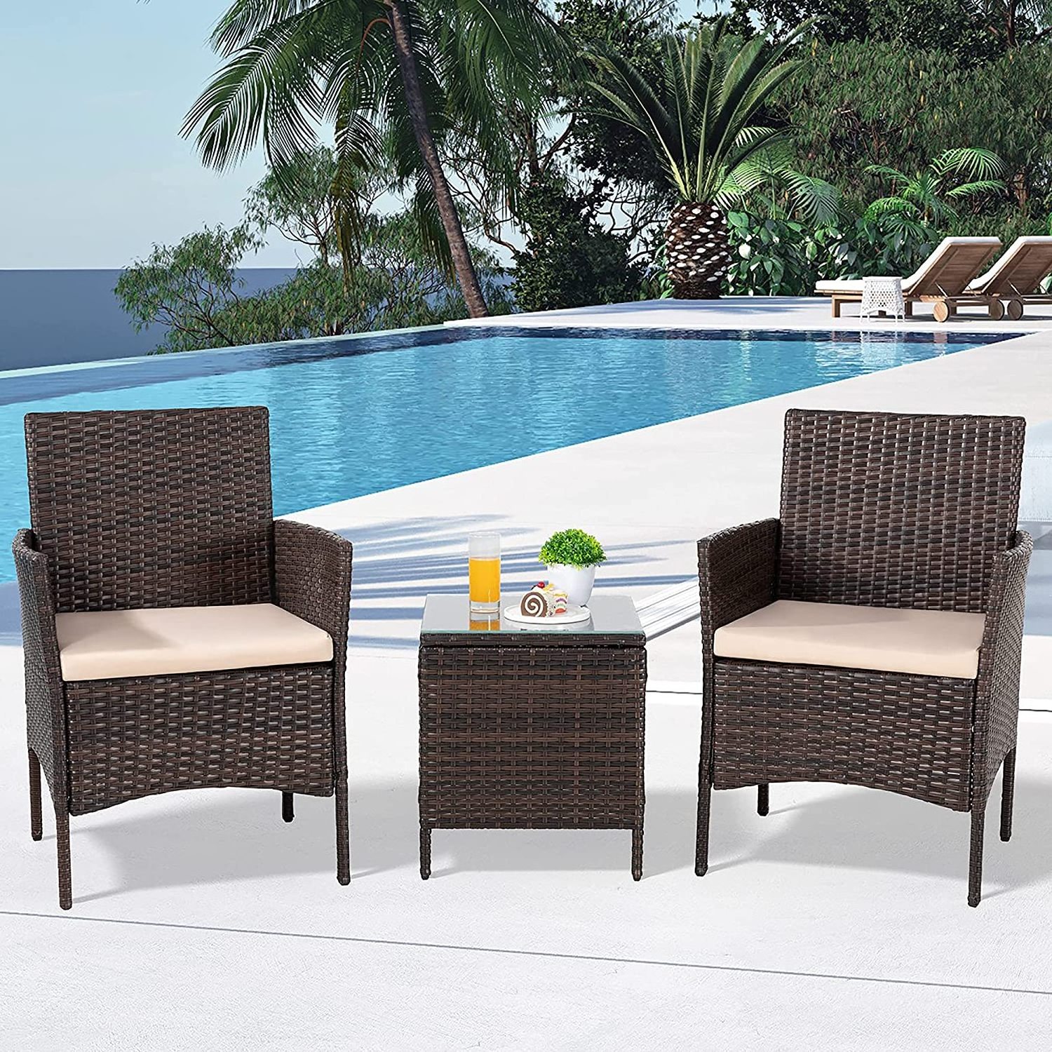 3 Pieces Outdoor Patio Furniture Wicker Bistro Set Rattan Chair Conversation Sets With Table For Balcony