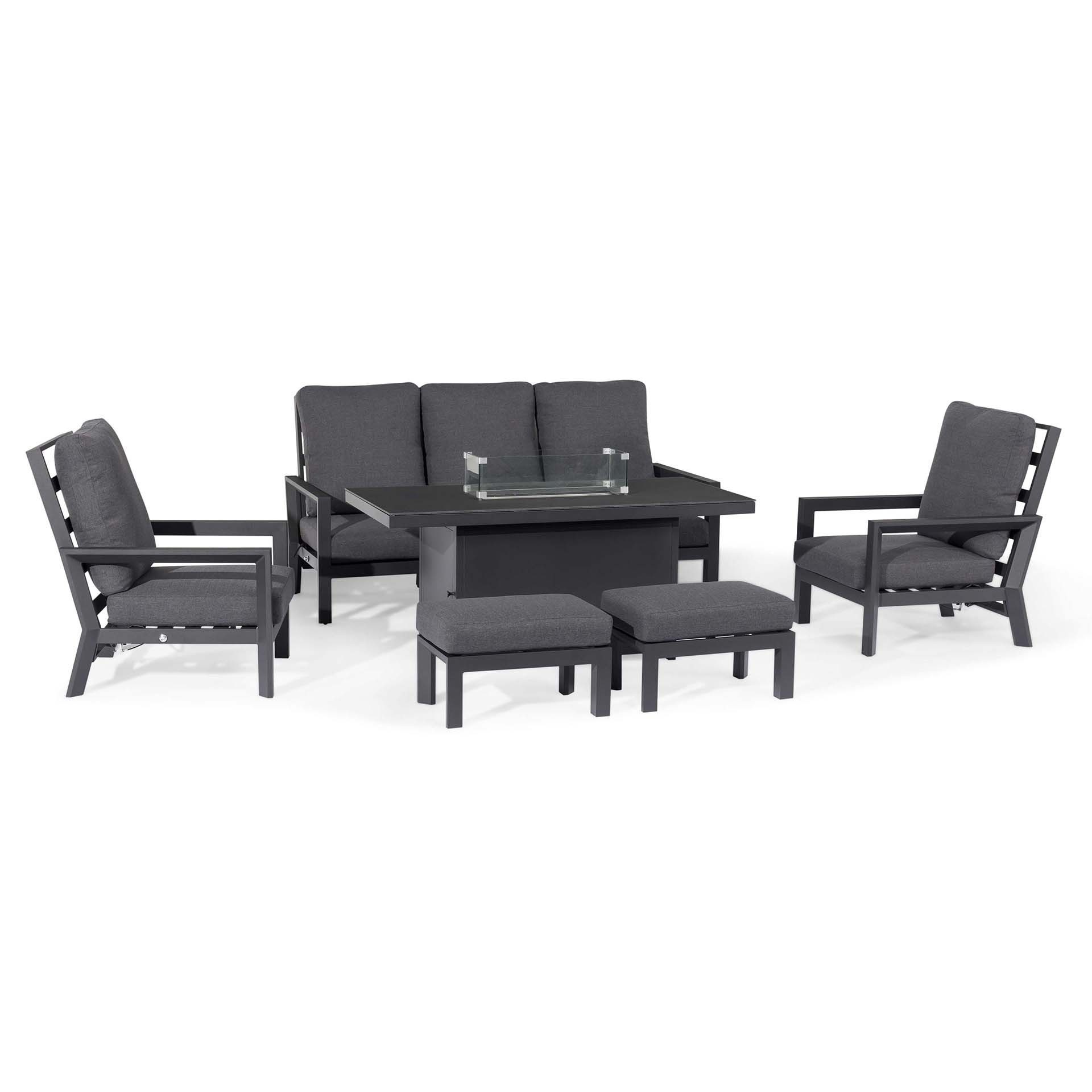 Reclining 3 Seat Sofa Set with Fire Pit Table & Footstools Aluminum Furniture Metal Outdoor Garden Set