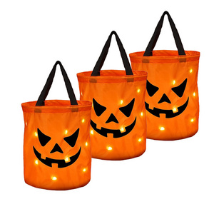 LED Light HalloweenTrick or Treat Bucket Pumpkin tote bags Candy Collapsible Halloween Basket for Thanksgiving Party Gift Basket