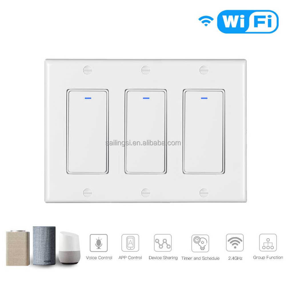 WiFi Wall Push Button Smart Light Switch No Screw Panel 3 Gang US standard Smart Life/Tuya APP Wireless Remote Control