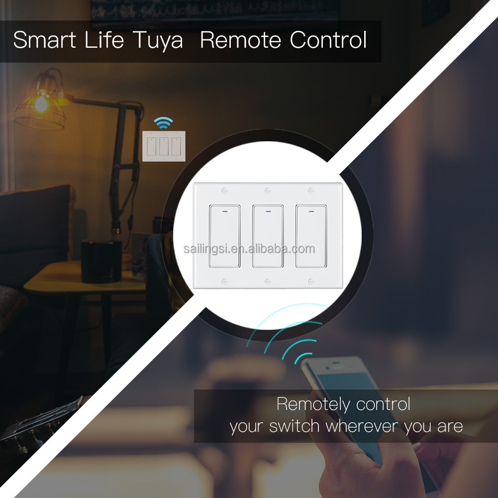 WiFi Wall Push Button Smart Light Switch No Screw Panel 3 Gang US standard Smart Life/Tuya APP Wireless Remote Control