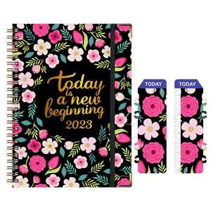 Custom printing 2023 agenda hard cover notebook a5 spiral planner daily weekly planner with gold elastic band and corner