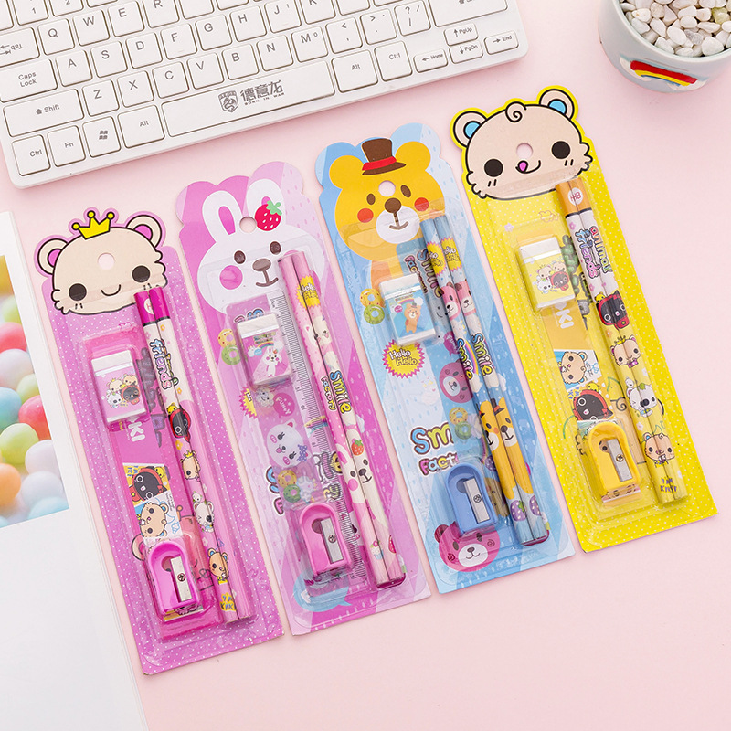 Cute cartoon kids primary stationery set pencil eraser pencil sharpener ruler school supplies for students