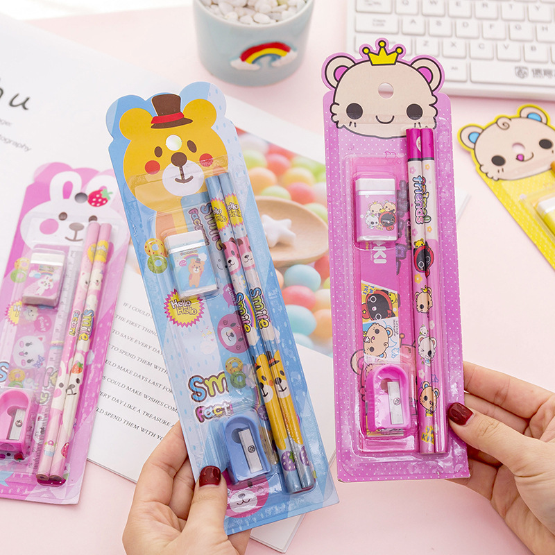 Cute cartoon kids primary stationery set pencil eraser pencil sharpener ruler school supplies for students