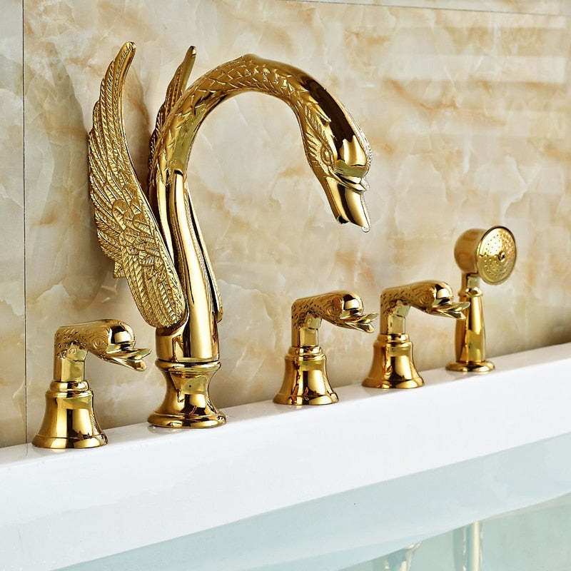 Golden Swan Bathtub Shower Faucet Set Gold Waterfall Deck Mount Bathroom Faucet