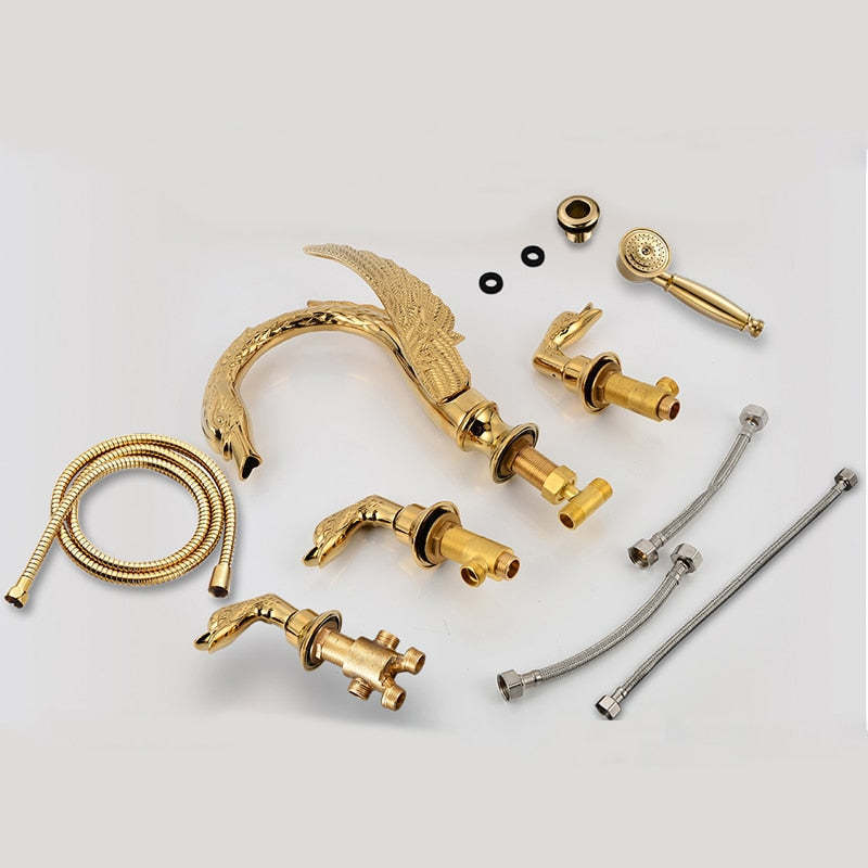 Golden Swan Bathtub Shower Faucet Set Gold Waterfall Deck Mount Bathroom Faucet