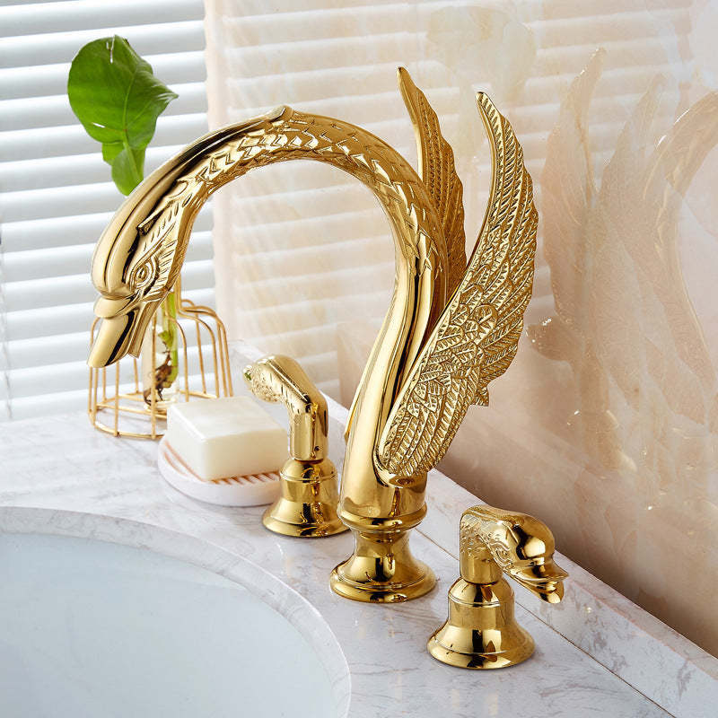 Golden Swan Bathtub Shower Faucet Set Gold Waterfall Deck Mount Bathroom Faucet