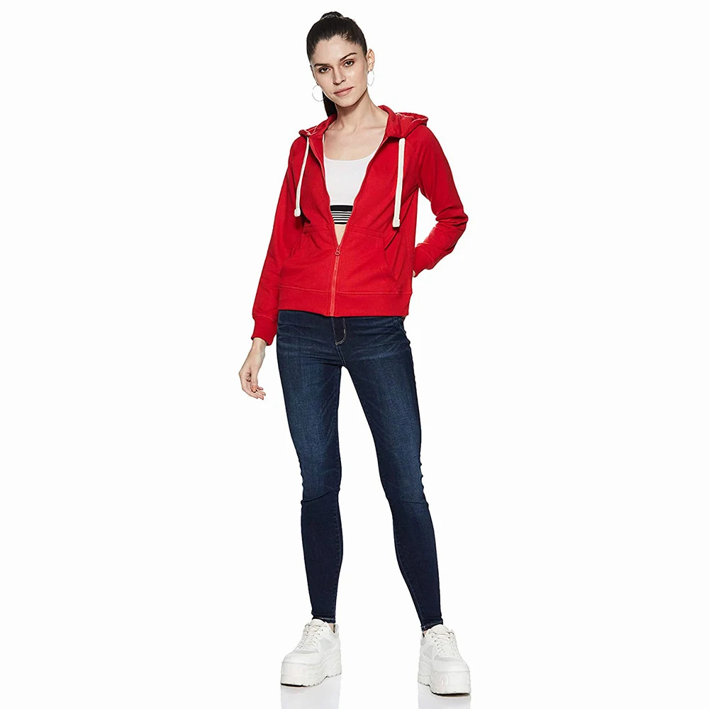 Latest Style Women's Red hoodies Zipper Closure Long Sleeve Hooded Casual wear Fleece Sweatshirts For Adults