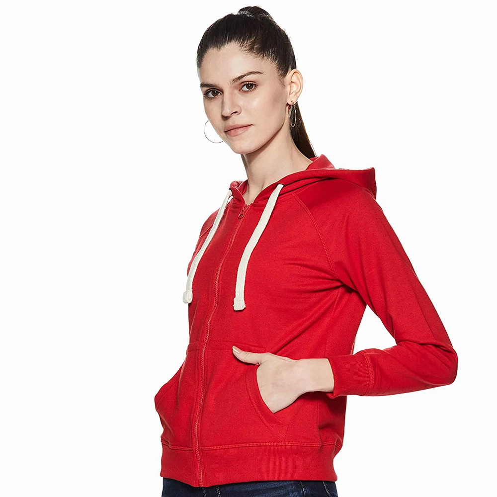 Latest Style Women's Red hoodies Zipper Closure Long Sleeve Hooded Casual wear Fleece Sweatshirts For Adults