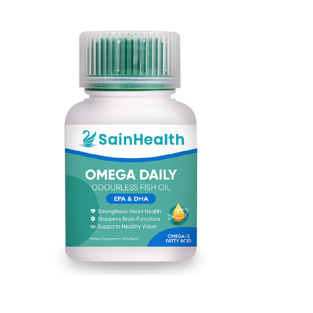 Famous New Zealand Manufacturer SainHealth Supplement Odorless Fish Oil Omega Daily 90 Softgel For Healthy Heart Eyes and Joints