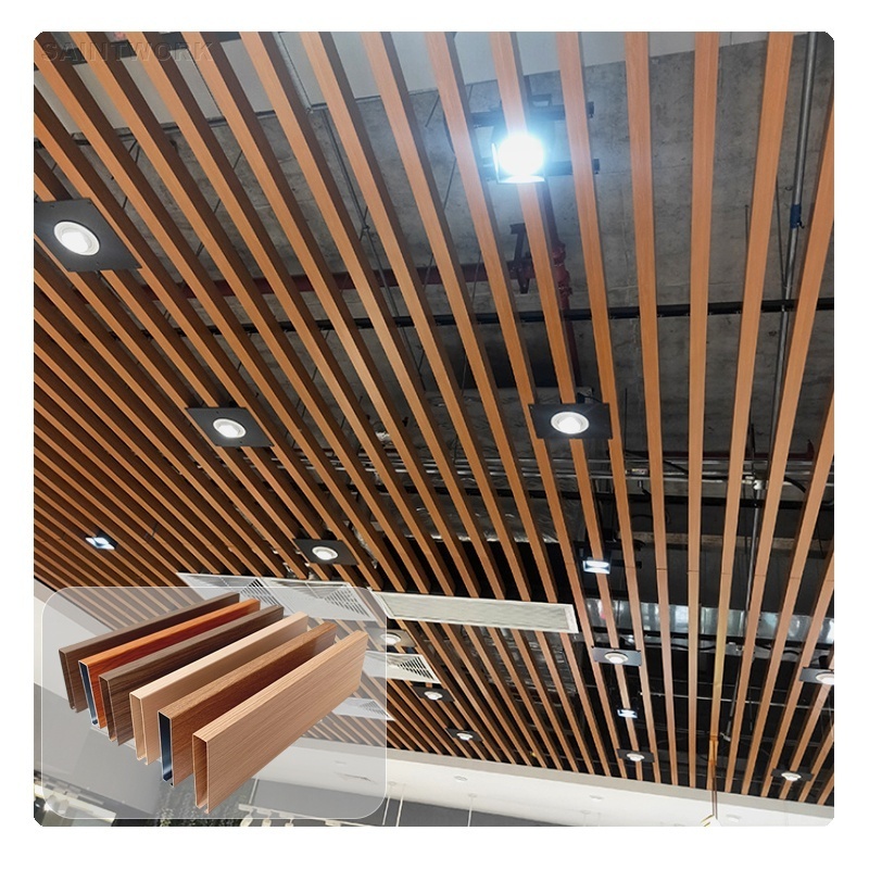 Wooden Grain Aluminum Ceiling Panels Metal Slat U Strip Baffle Linear Ceiling Hall Mall Shop Office Hotel False Ceiling Design