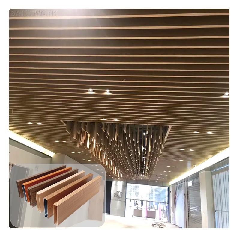 Wooden Grain Aluminum Ceiling Panels Metal Slat U Strip Baffle Linear Ceiling Hall Mall Shop Office Hotel False Ceiling Design