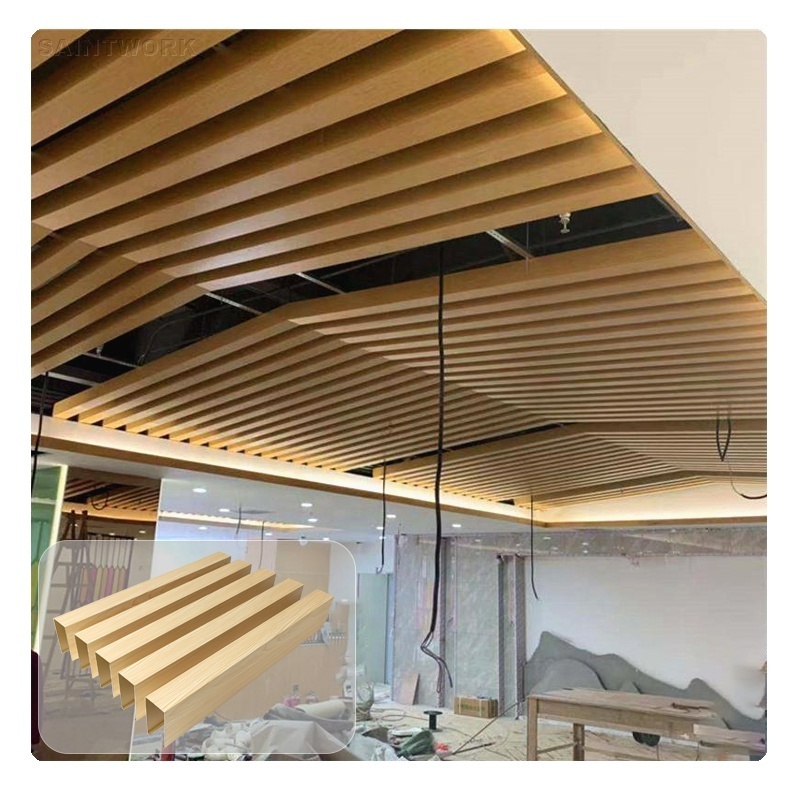 Wooden Grain Aluminum Ceiling Panels Metal Slat U Strip Baffle Linear Ceiling Hall Mall Shop Office Hotel False Ceiling Design