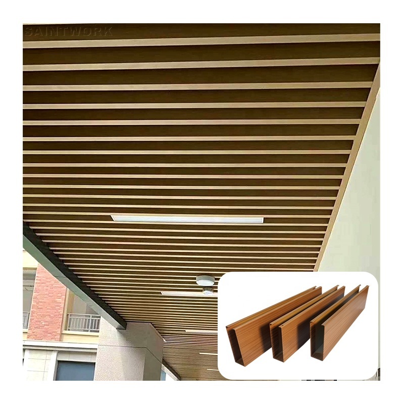 Wooden Grain Color Aluminum Ceiling Panels Metal Slat Strip Baffle Linear Ceiling Hall Mall Office Hotel False Ceiling Design