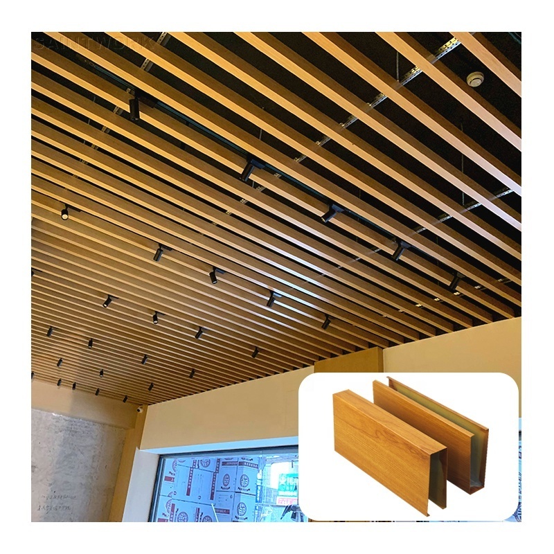 Wooden Grain Color Aluminum Ceiling Panels Metal Slat Strip Baffle Linear Ceiling Hall Mall Office Hotel False Ceiling Design