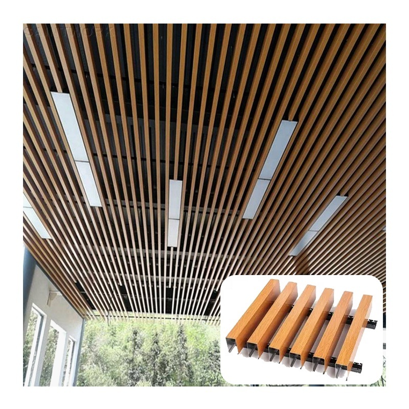 Wooden Grain Color Aluminum Ceiling Panels Metal Slat Strip Baffle Linear Ceiling Hall Mall Office Hotel False Ceiling Design