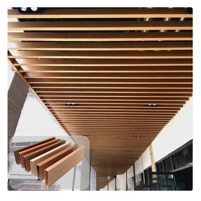 Wooden Grain Aluminum Ceiling Panels Metal Slat U Strip Baffle Linear Ceiling Hall Mall Shop Office Hotel False Ceiling Design