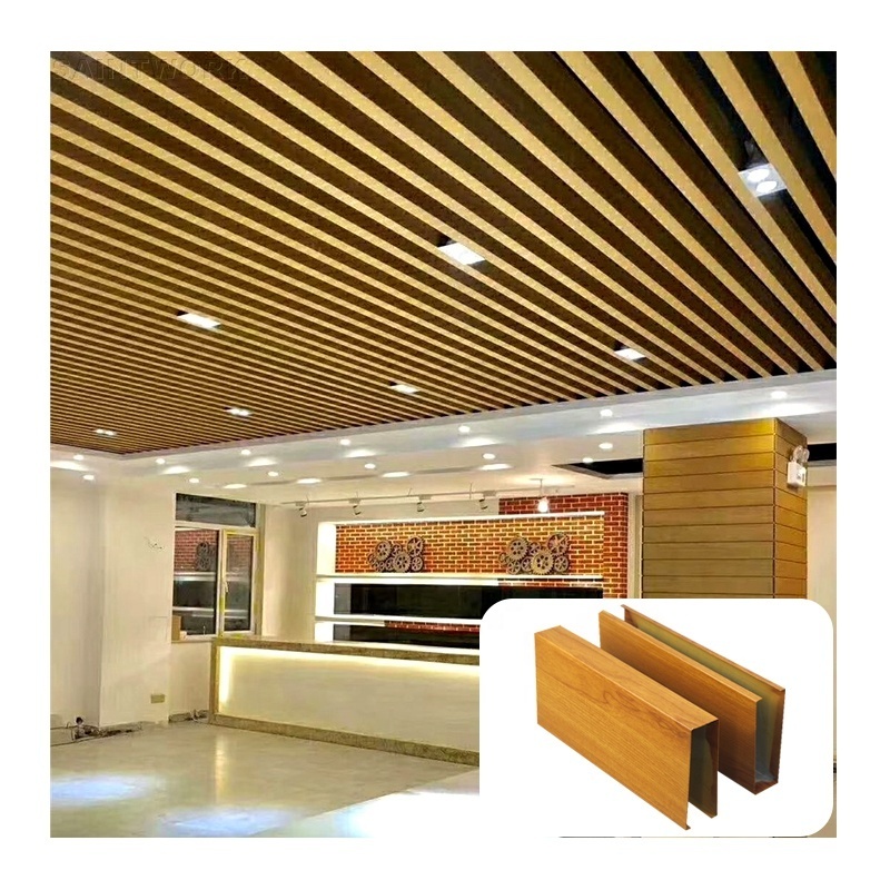 Wooden Grain Color Aluminum Ceiling Panels Metal Slat Strip Baffle Linear Ceiling Hall Mall Office Hotel False Ceiling Design