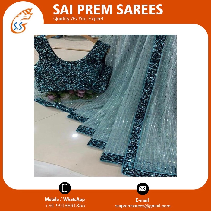 Top Quality Saree Sparkle Foil Saree with Heavy Embroidery Blouse for Women Buy From Indian Wholesale Supplier