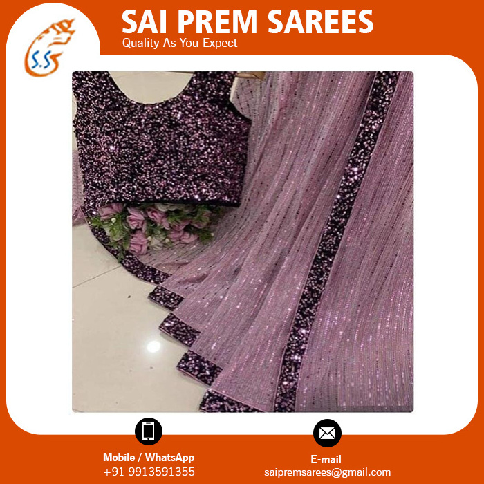 Top Quality Saree Sparkle Foil Saree with Heavy Embroidery Blouse for Women Buy From Indian Wholesale Supplier