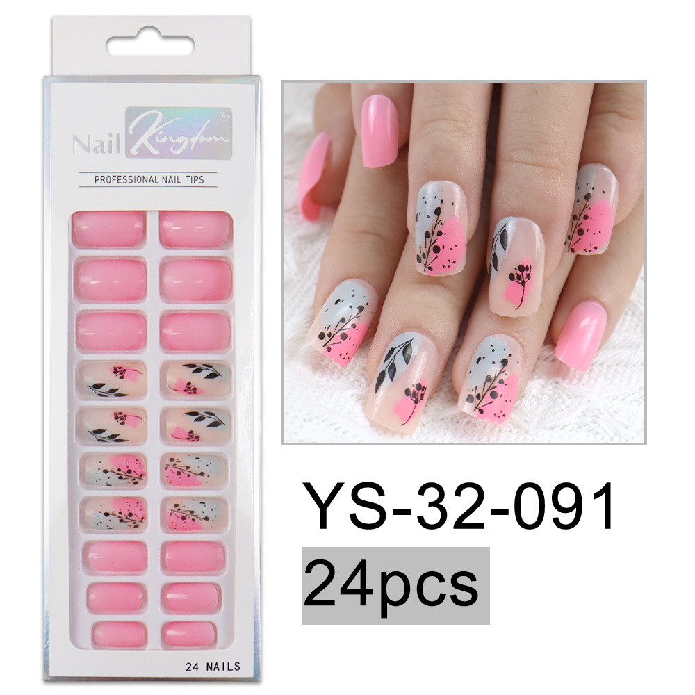 Custom Private Label Glue on Nails Acrylic Full Cover Red Flower Short Square Press on Nail with Designs