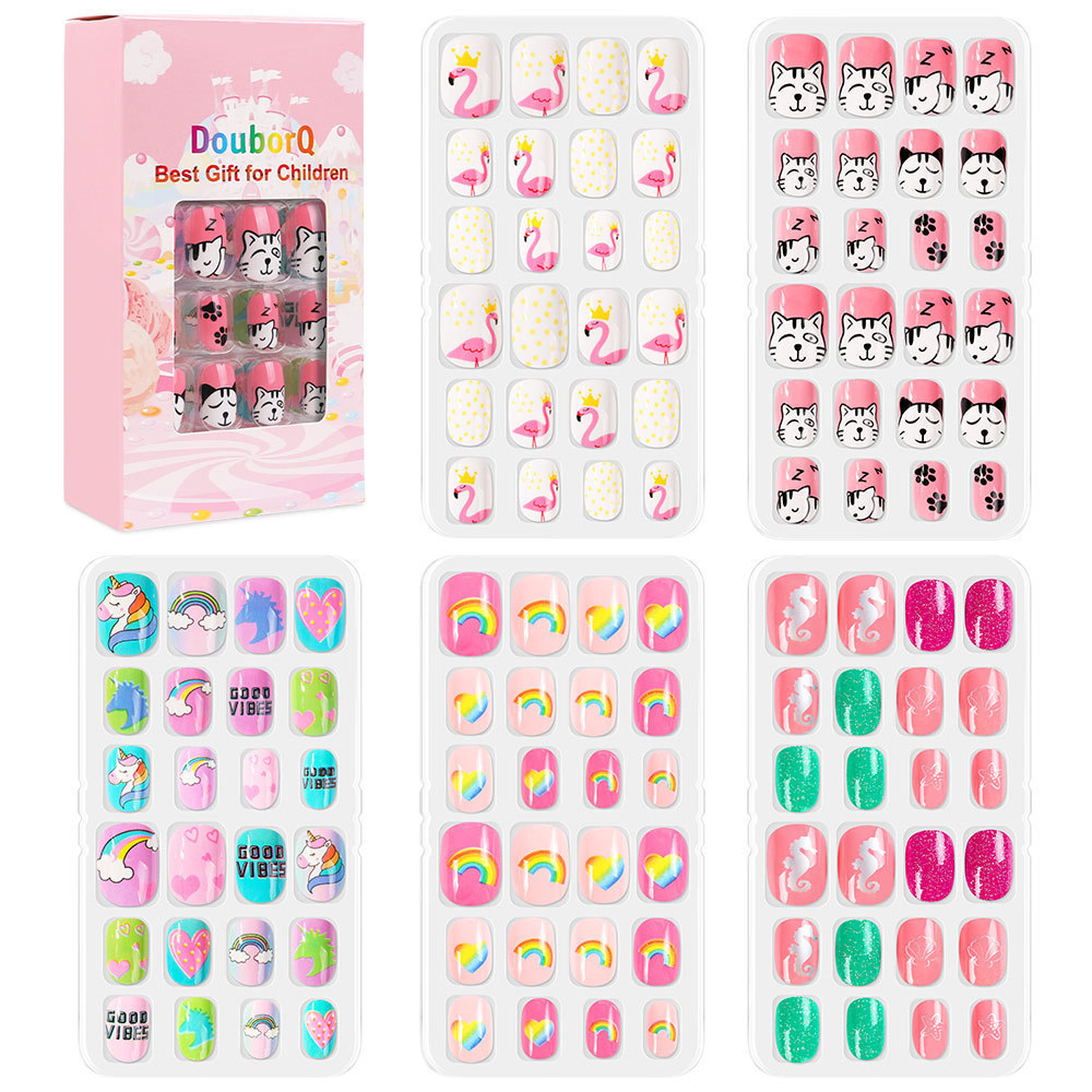 120pcs Candy Pattern Glitter Gradient Color Rainbow Short False Nail Pre-glue Full Cover Kids Fake Press on Nails  for Girls