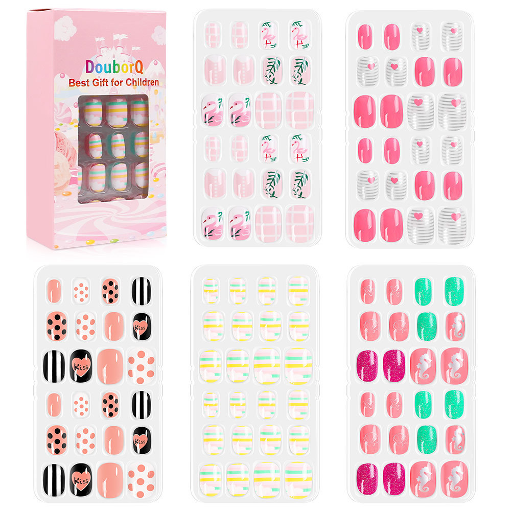 120pcs Candy Pattern Glitter Gradient Color Rainbow Short False Nail Pre-glue Full Cover Kids Fake Press on Nails  for Girls