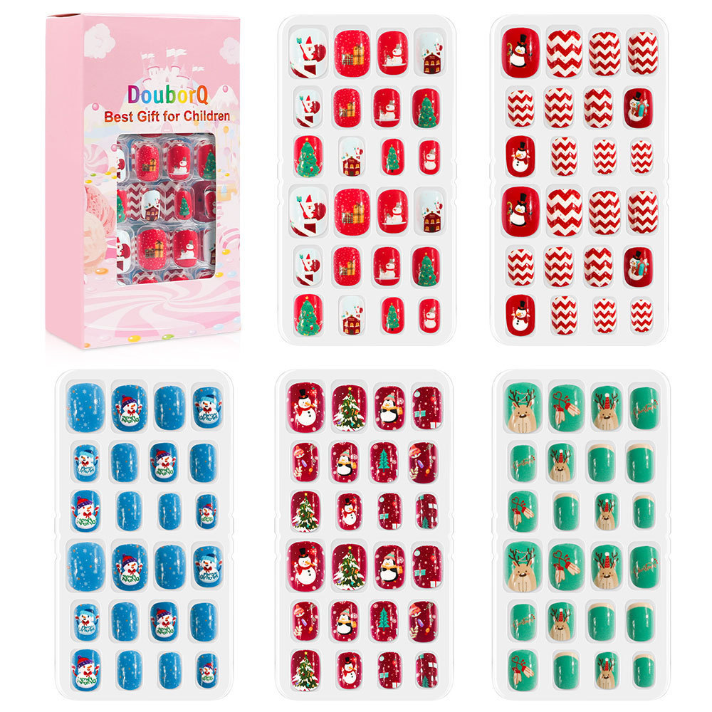 120pcs Candy Pattern Glitter Gradient Color Rainbow Short False Nail Pre-glue Full Cover Kids Fake Press on Nails  for Girls