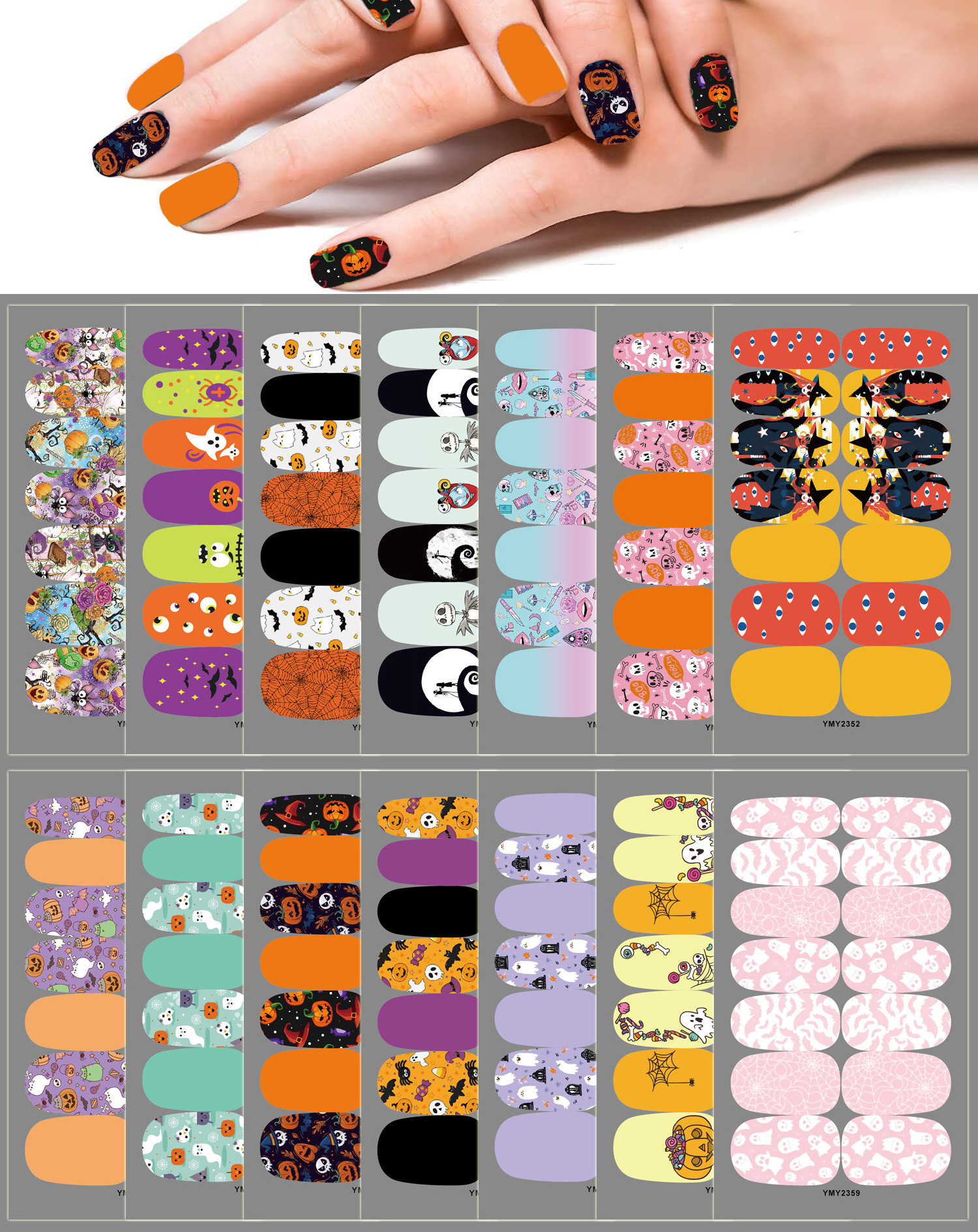 Free Shipping YMY New 3D Self-Adhesive Full Nail Polish Stickers Strips Pumpkin Bat Ghost Halloween Nail Wrap Custom