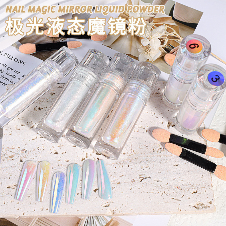 Private Label Magic Mirror Effecting Liquid Metallic Aurora Nail Pigment Chrome Liquid Nails Powder