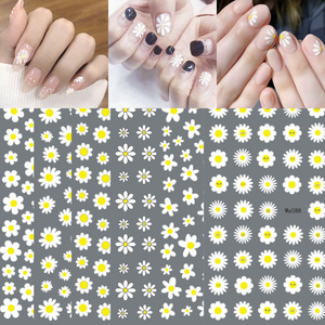 Free Shipping Nail Decoration Cute Smile Face Spring Summer White Yellow Flowers Design Daisy Sunflower Nail Stickers