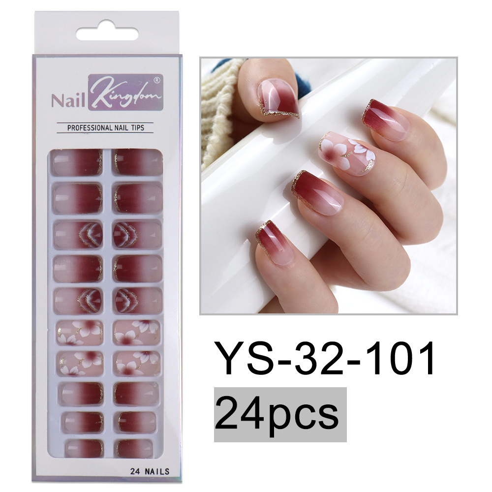 Custom Private Label Glue on Nails Acrylic Full Cover Red Flower Short Square Press on Nail with Designs