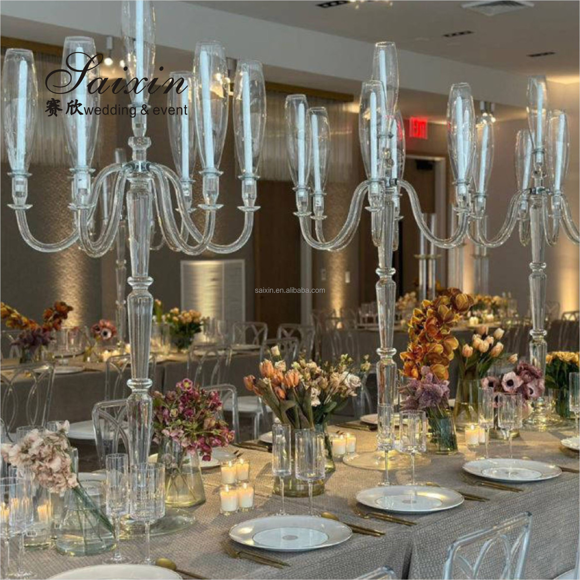 ZT-595 Gorgeous 13 arms Tall tube white crystal candle holder wedding candelabra for centerpieces