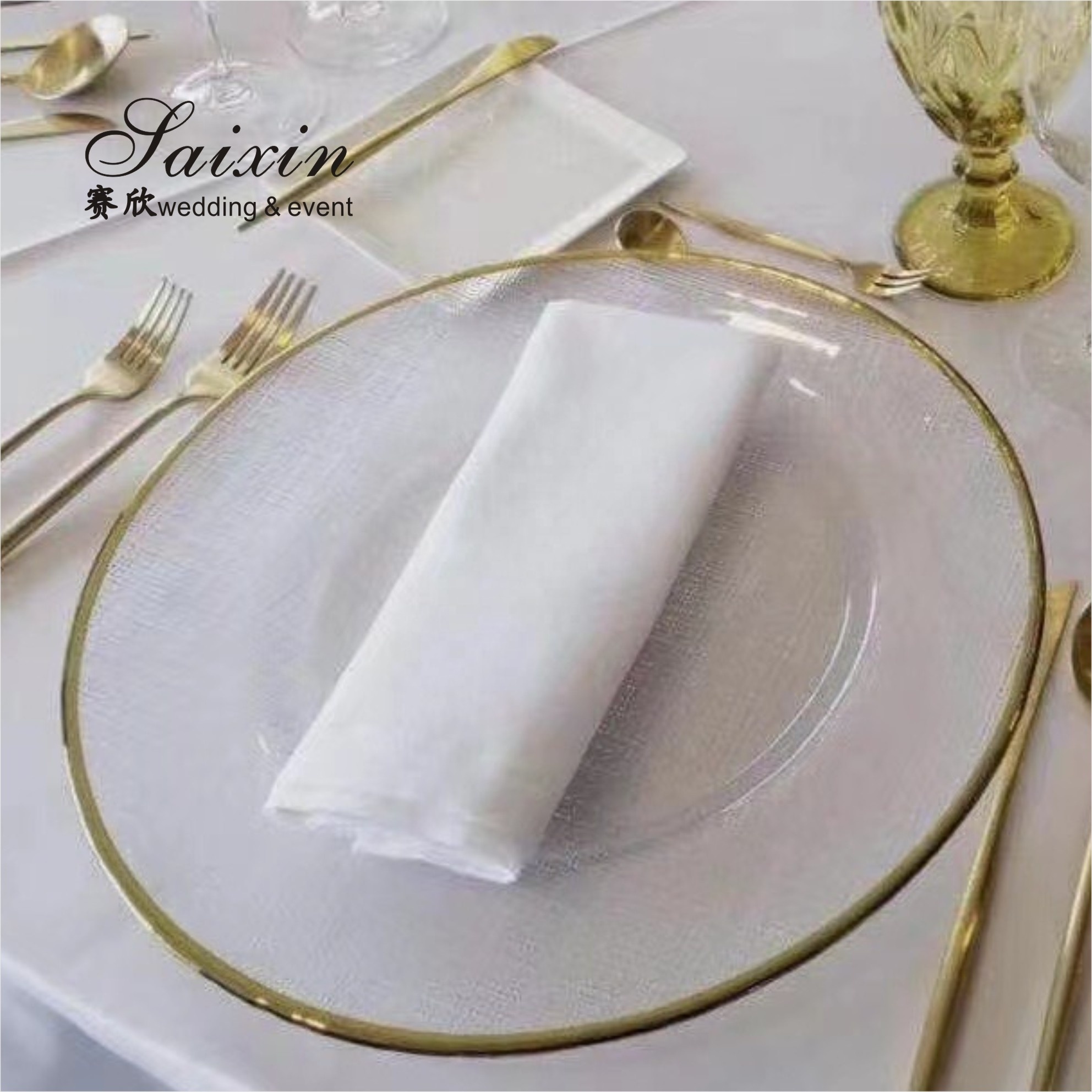 Wholesale cheap gold rim round flat glass charger plate for wedding supplies