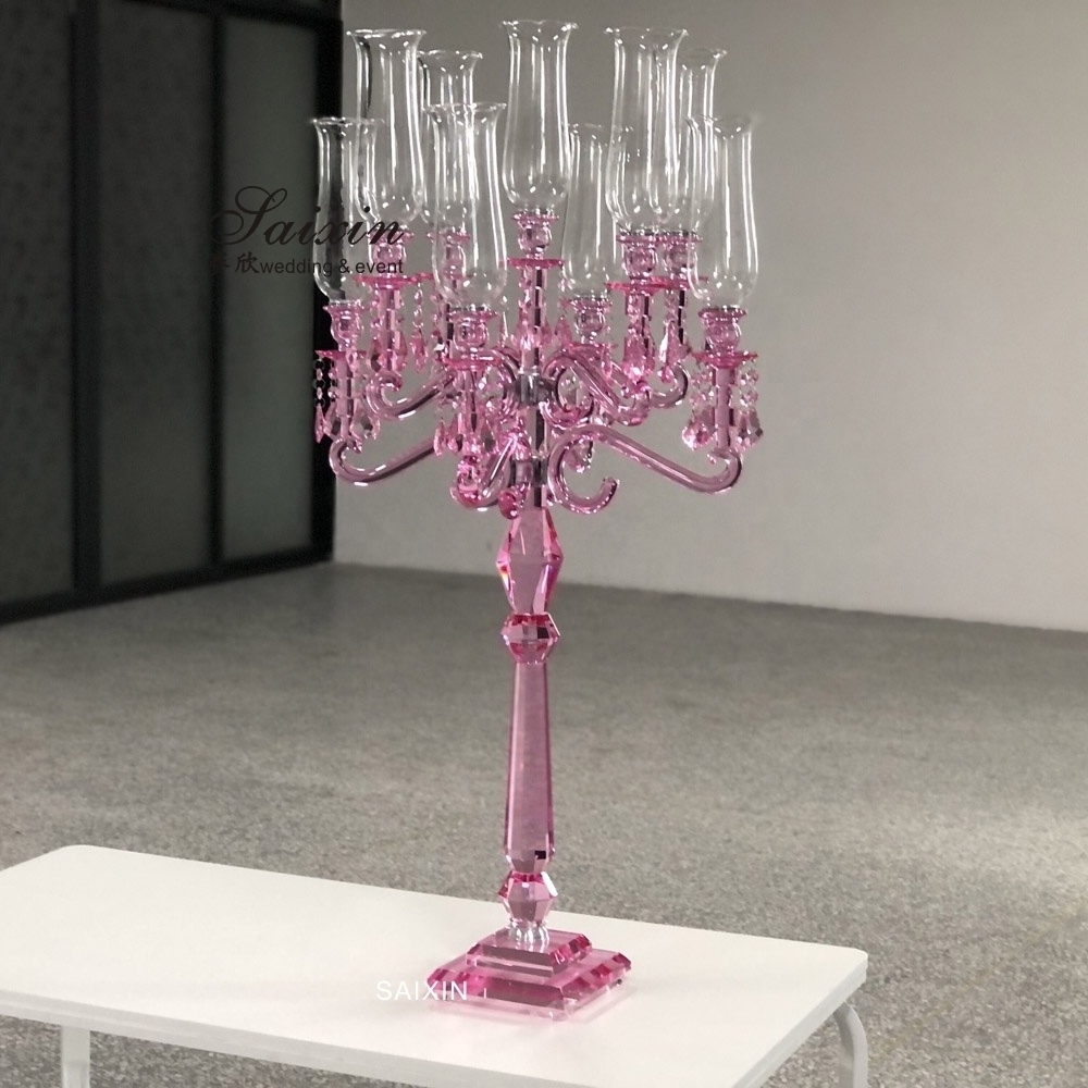 Saixin Designer style Wedding Centerpiece Table Decoration Tall Pink 9 Arms Crystal Candelabra