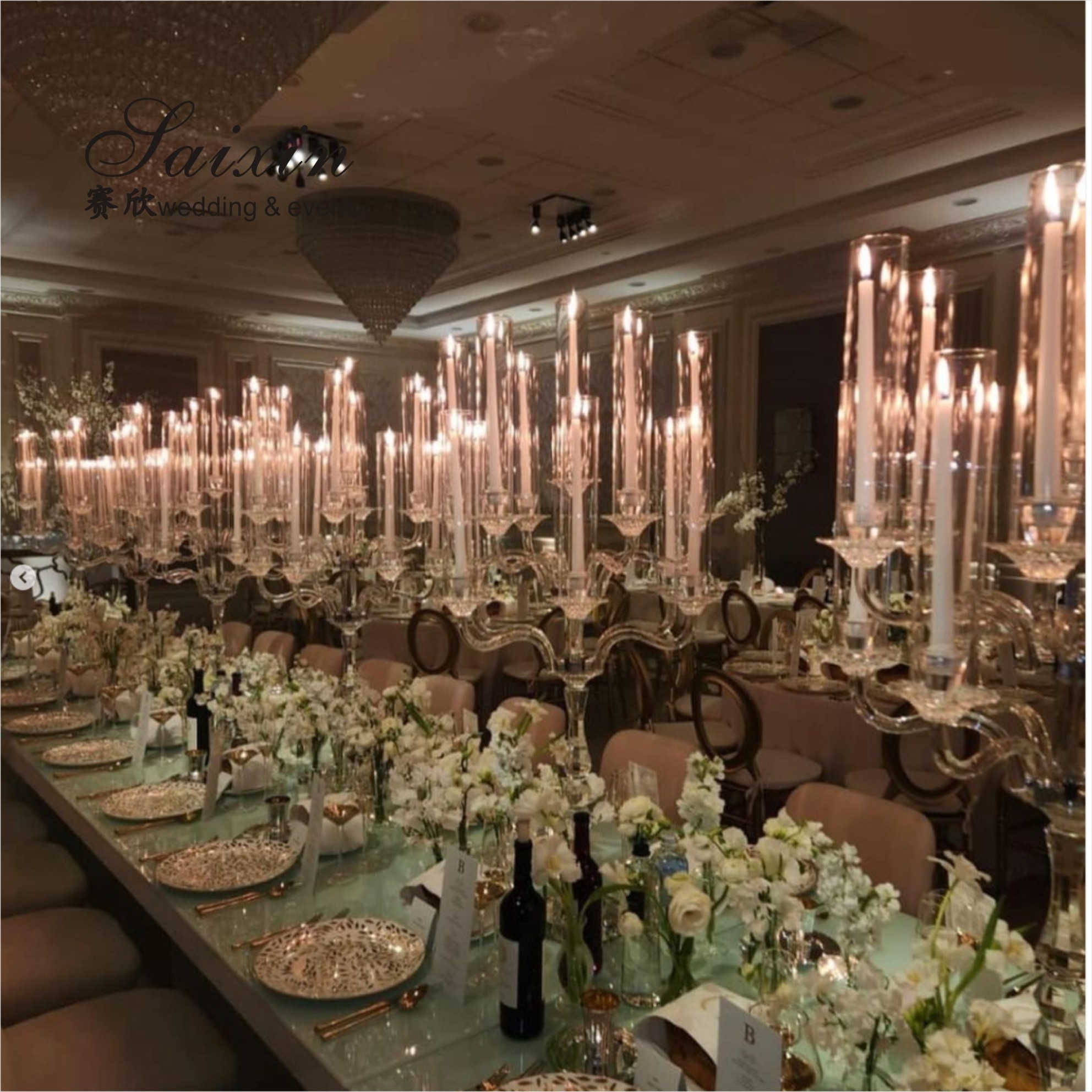 ZT-595 Gorgeous 13 arms Tall tube white crystal candle holder wedding candelabra for centerpieces