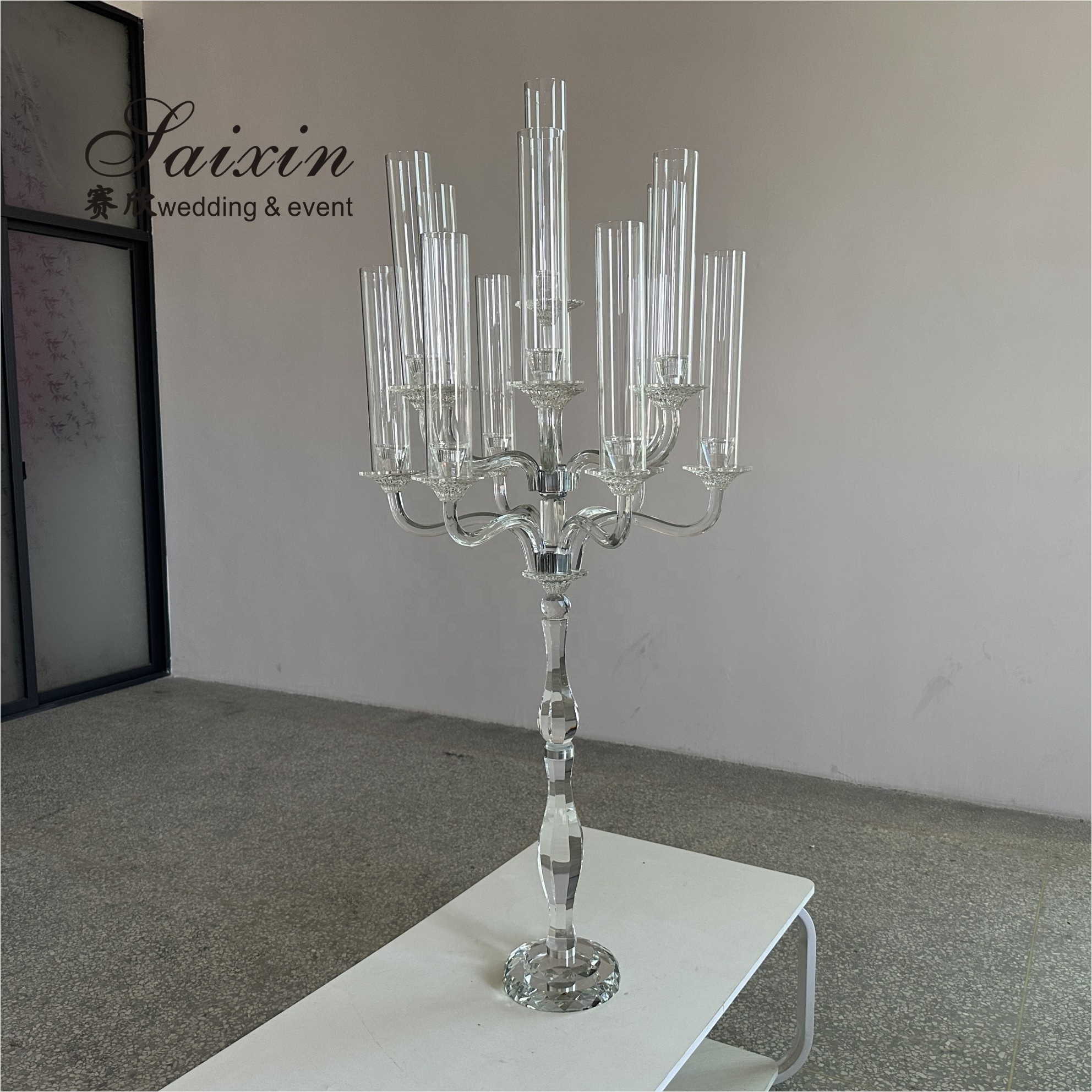 ZT-595 Gorgeous 13 arms Tall tube white crystal candle holder wedding candelabra for centerpieces