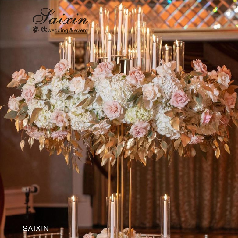 ZT-563 Luxury Wedding Centerpiece 13 arms candle holders with flower arrangements hurricanes gold candle stands