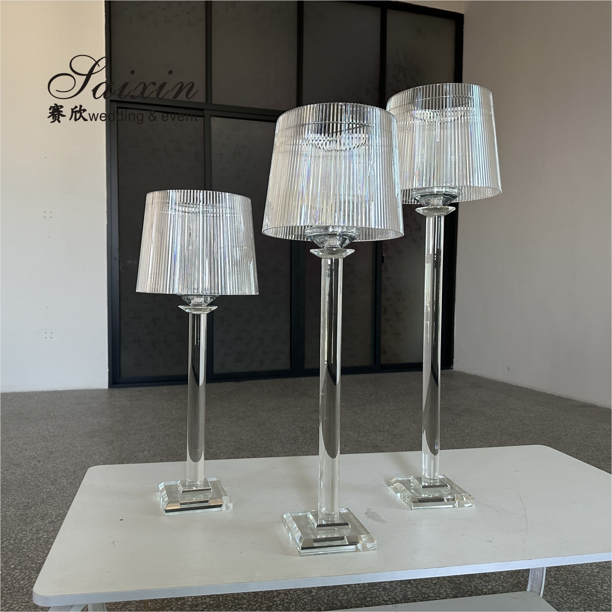 Hot selling chic wedding decoration 3 pcs set clear lamp shade stand candle holder for event centerpiece