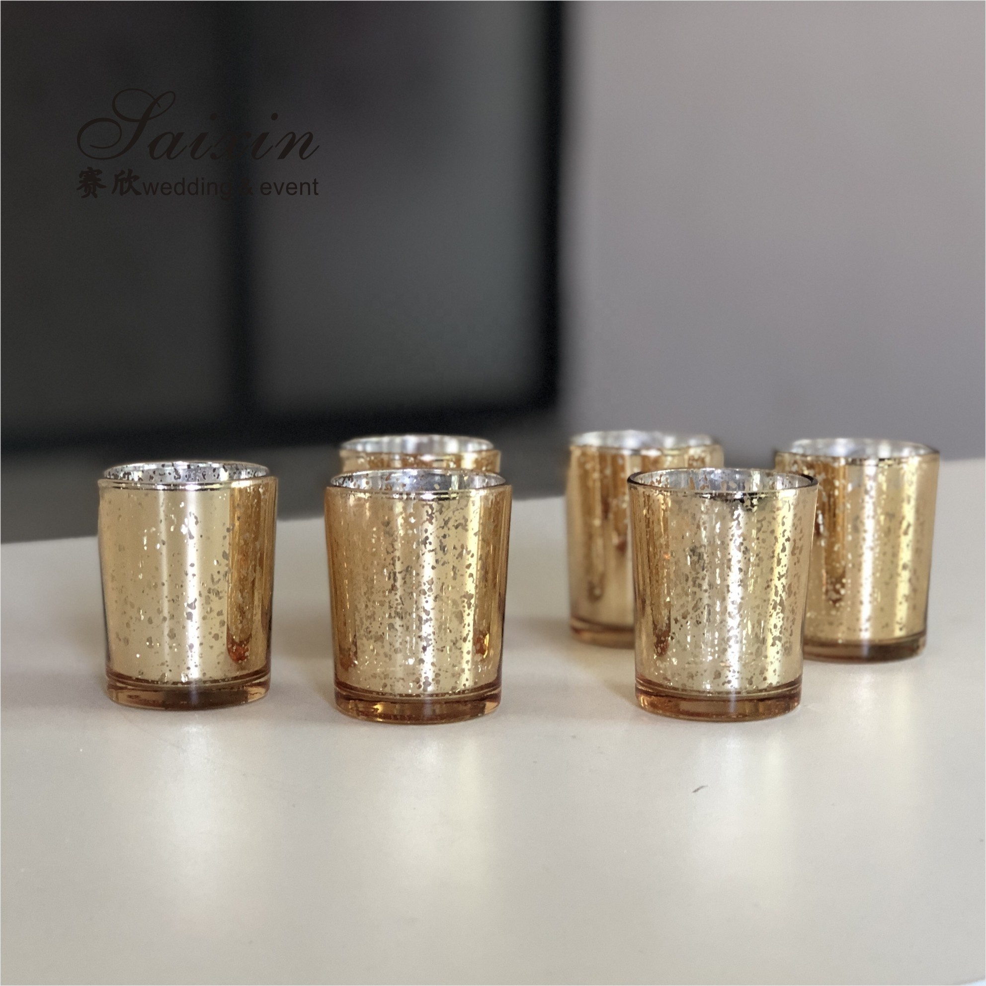 Wholesale wedding event decoration small glass cup glitter gold votive candle holder