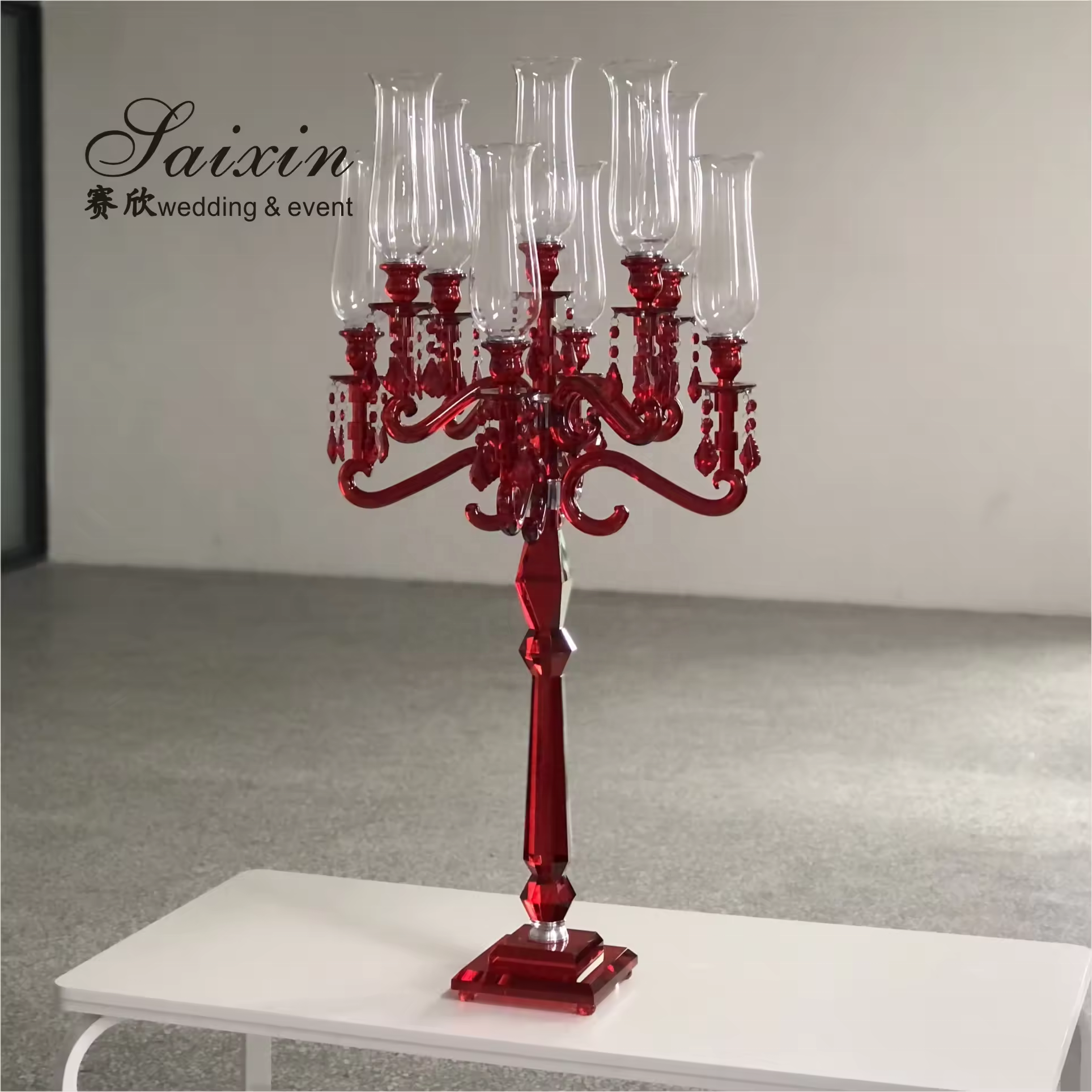 Saixin Designer style Wedding Centerpiece Table Decoration Tall Pink 9 Arms Crystal Candelabra