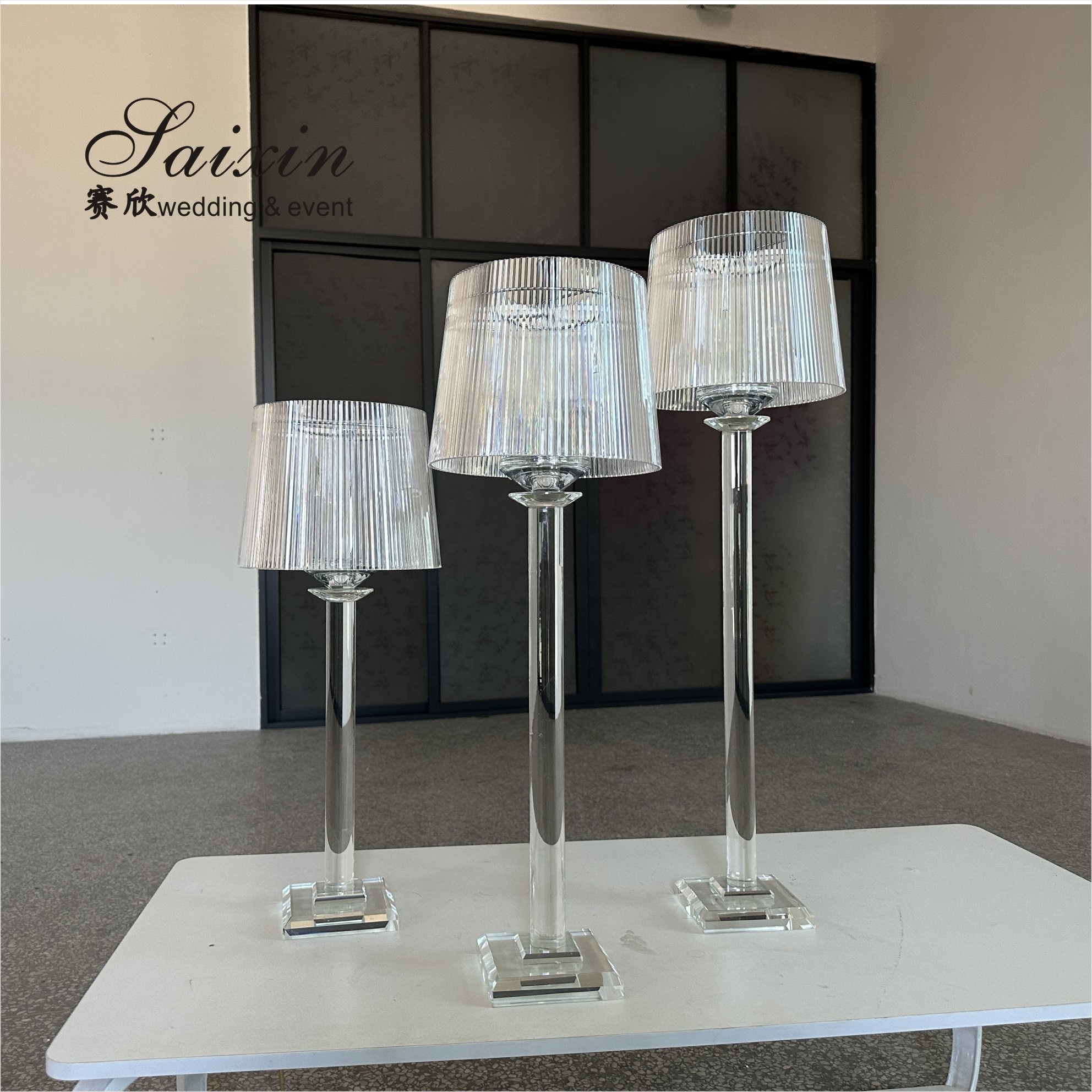 Hot selling chic wedding decoration 3 pcs set clear lamp shade stand candle holder for event centerpiece