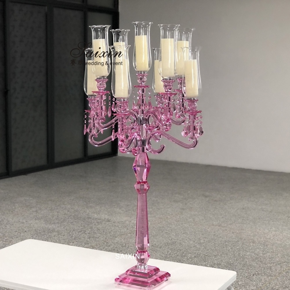 Saixin Designer style Wedding Centerpiece Table Decoration Tall Pink 9 Arms Crystal Candelabra