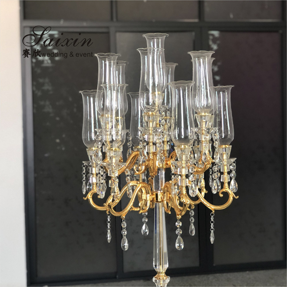 ZT-303C 13 arms Wholesale custom wedding table decoration gold crystal glass hurricane candelabras